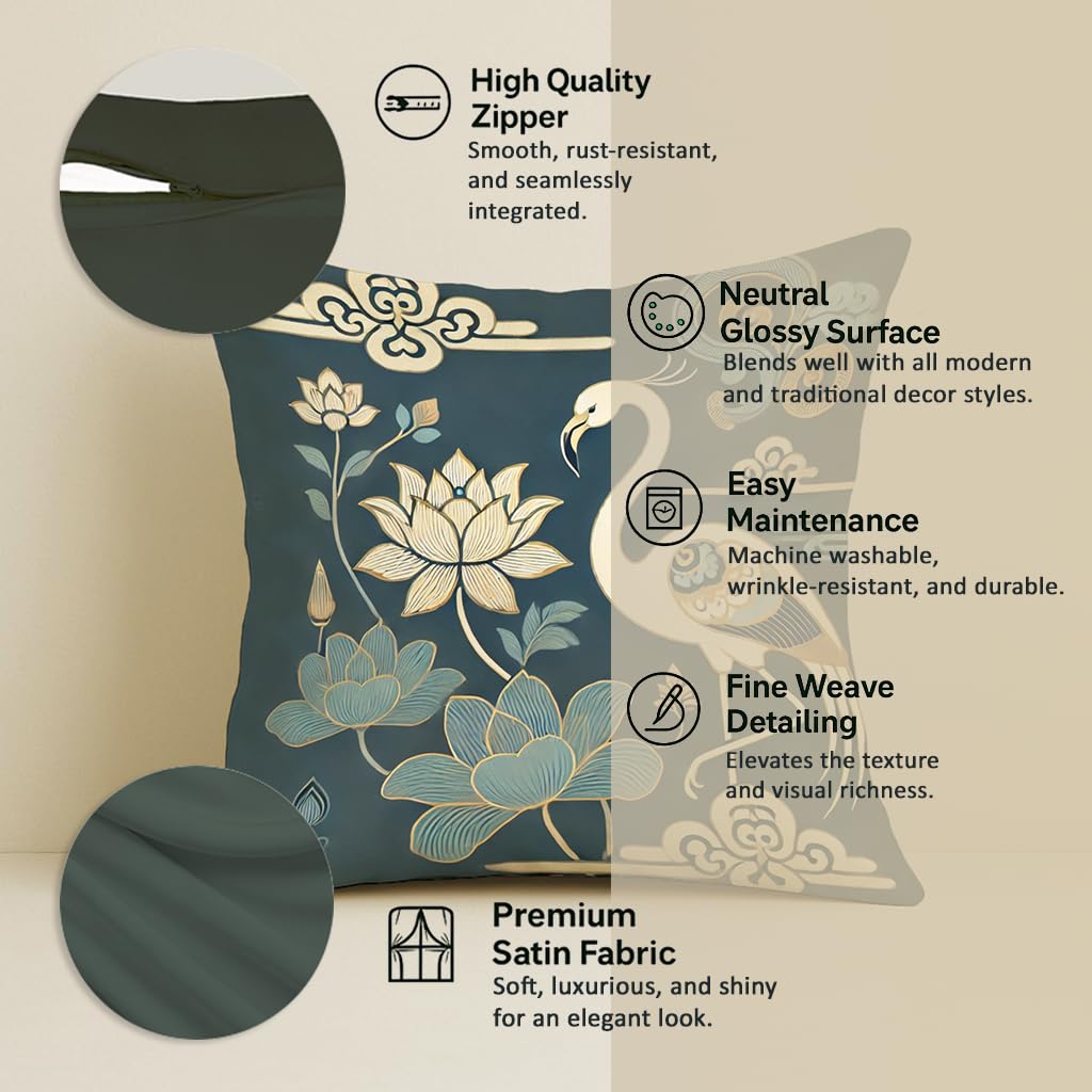 STITCHNEST Satin Cushion Covers with, Lotus & Gold Detailing – 16x16 Inch Decorative Pack of 5 for Living Room, Drawing Room, or Modern Ethnic Home Decor