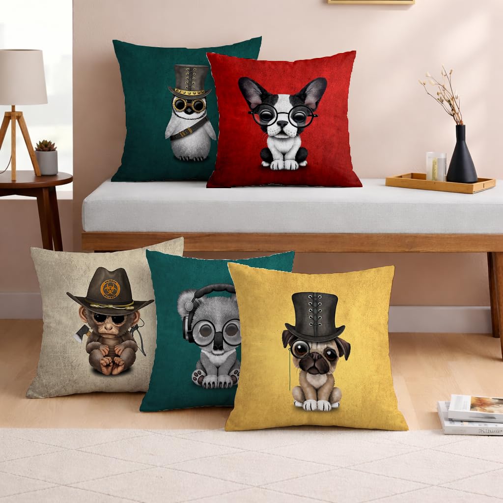 STITCHNEST Set of 5 Funky Friends Collection Printed Jute Cushion Covers 24x24 Inches | Decorative Throw Pillow Covers for Sofa, Living Room, Bedroom | Perfect for Home Decor