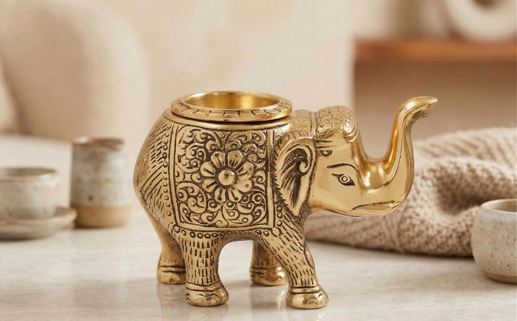 Kridaykraft Decorative Metal Trunk-Up Elephant – Multi-Purpose Small Flower Vase, T-Light Holder, and Stationery Organizer for Living Room and Office – Elegant Gold Elephant Statue for Good Luck