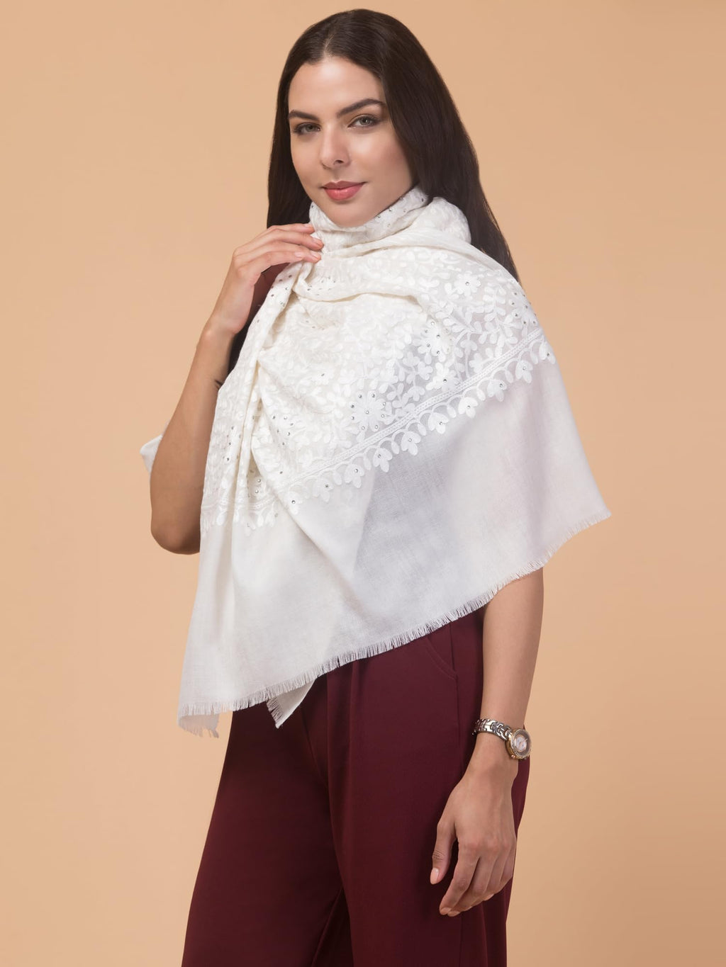 tweedle Women's Fine Wool White Stole/Shawl, Soft Pashmina Feel Kashmiri Embroidery Scarf for Ladies, Size 28x80