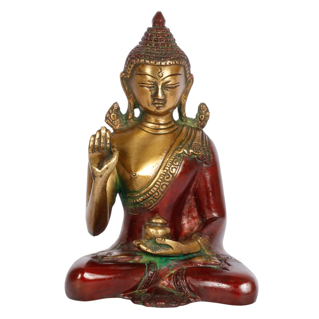 ARTVARKO Brass Lord Buddha Blessing in Abhaya Mudra Statue Idol Cherry Gold Finish 6 Inches