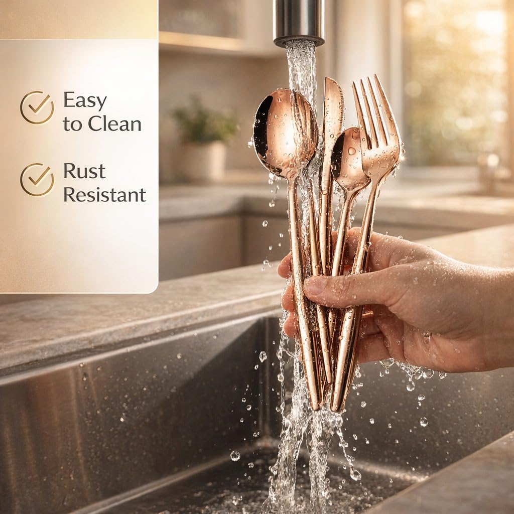 ANH MART Mirror Finish Rose Gold Plated Stainless Steel Flatware Set Copper Silverware Set Spoon Color Cutlery Set [Dinner Fork-Tea Spoon-Salad Spoon-Knife] Set of (Rose Gold 32)