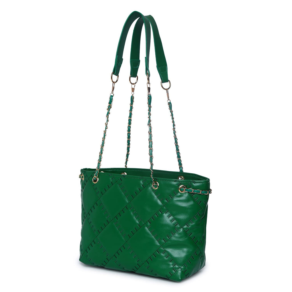 Haute Sauce Green Quilted tote bag with Zip Closure for Women & Girls | Bags for women | Trendy, Cute, Fancy, Stylish, Purse, handbag, side bag for ladies | shoulder bag for women | Shopper bag