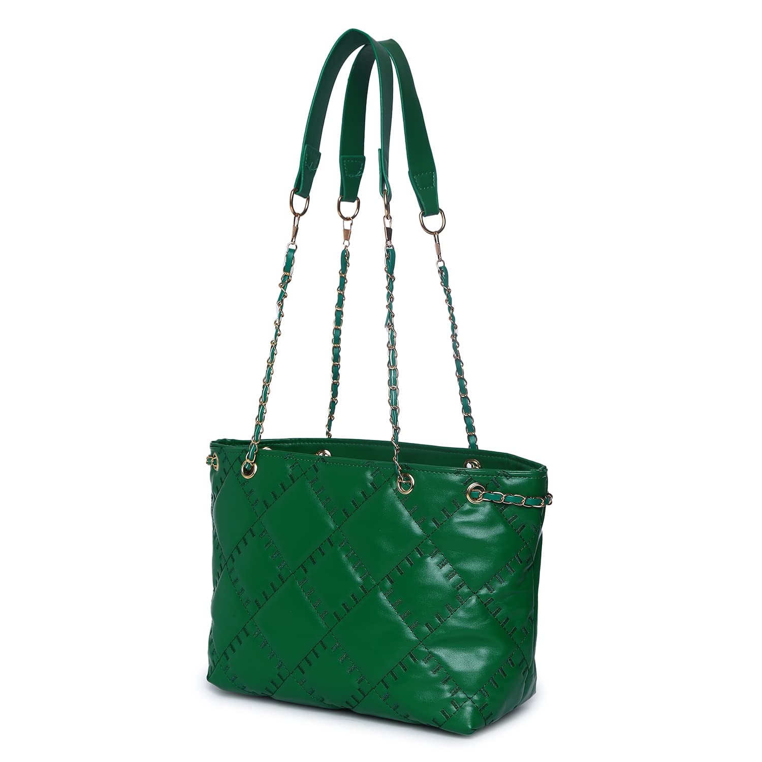 Haute Sauce Green Quilted tote bag with Zip Closure for Women & Girls | Bags for women | Trendy, Cute, Fancy, Stylish, Purse, handbag, side bag for ladies | shoulder bag for women | Shopper bag