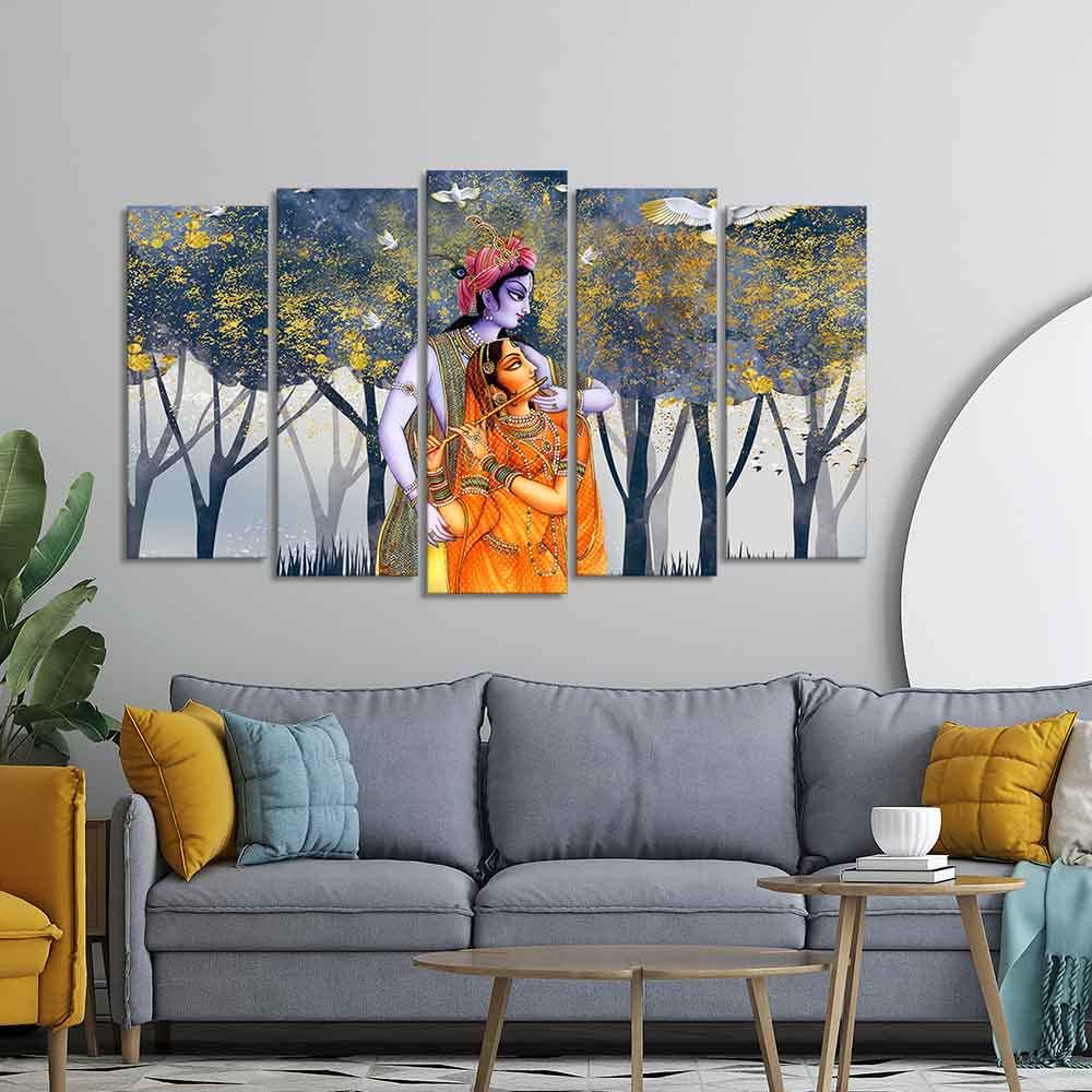 VIBECRAFTS Radhe Krishna Canvas Wall Painting of Five Pieces For Home|Office|Living Room|Gift (PTVC5Pcs2_6633)