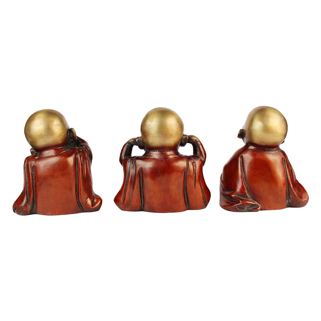 Svarup Three Wise Monks in Brass Statues of Baby Buddha Who Hear No Evil Don't Do Evil, Don't Speak Evil Set of Three Buddha Statues Height 5 Inch Weight 4 Kg Color Cherry Gold