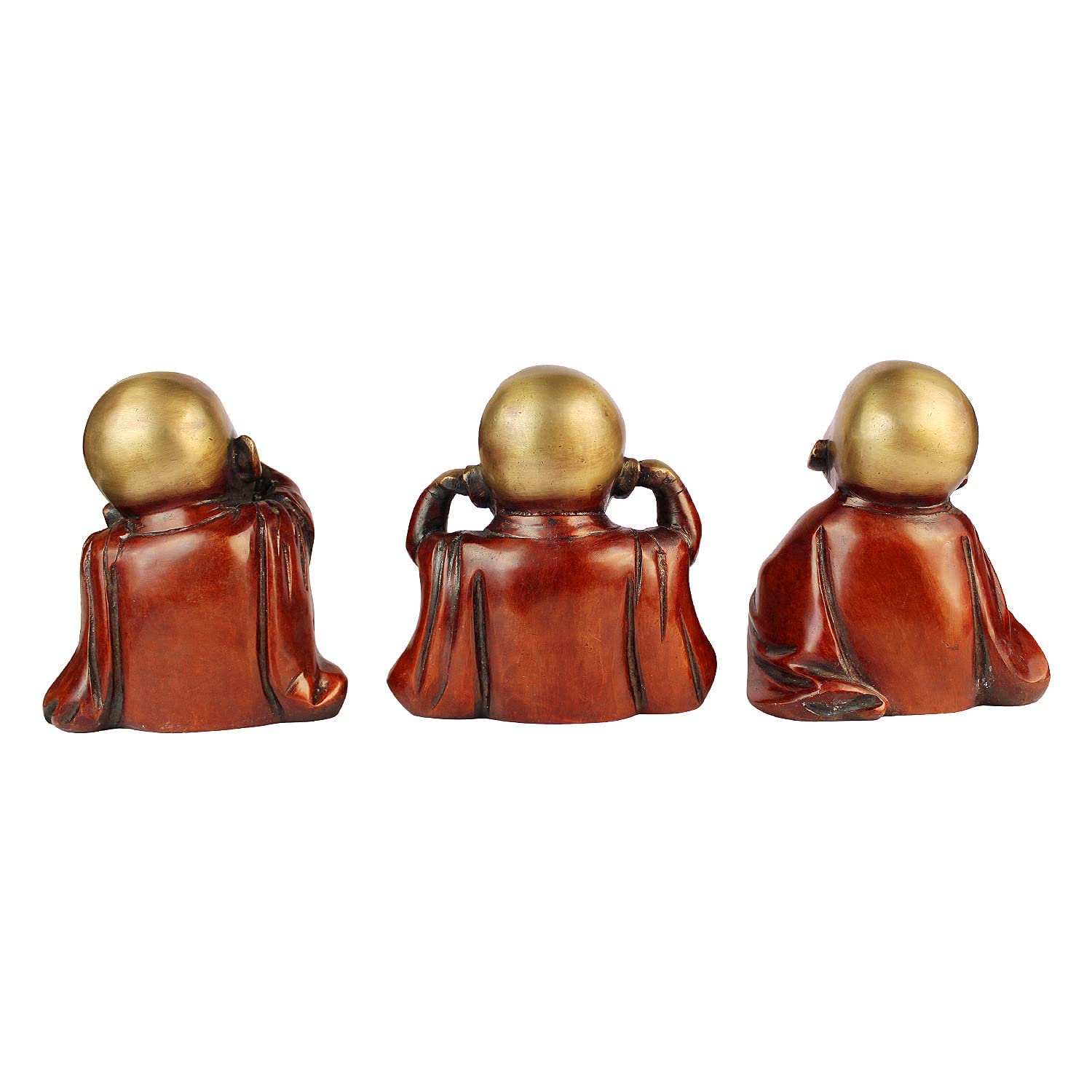 Svarup Three Wise Monks in Brass Statues of Baby Buddha Who Hear No Evil Don't Do Evil, Don't Speak Evil Set of Three Buddha Statues Height 5 Inch Weight 4 Kg Color Cherry Gold
