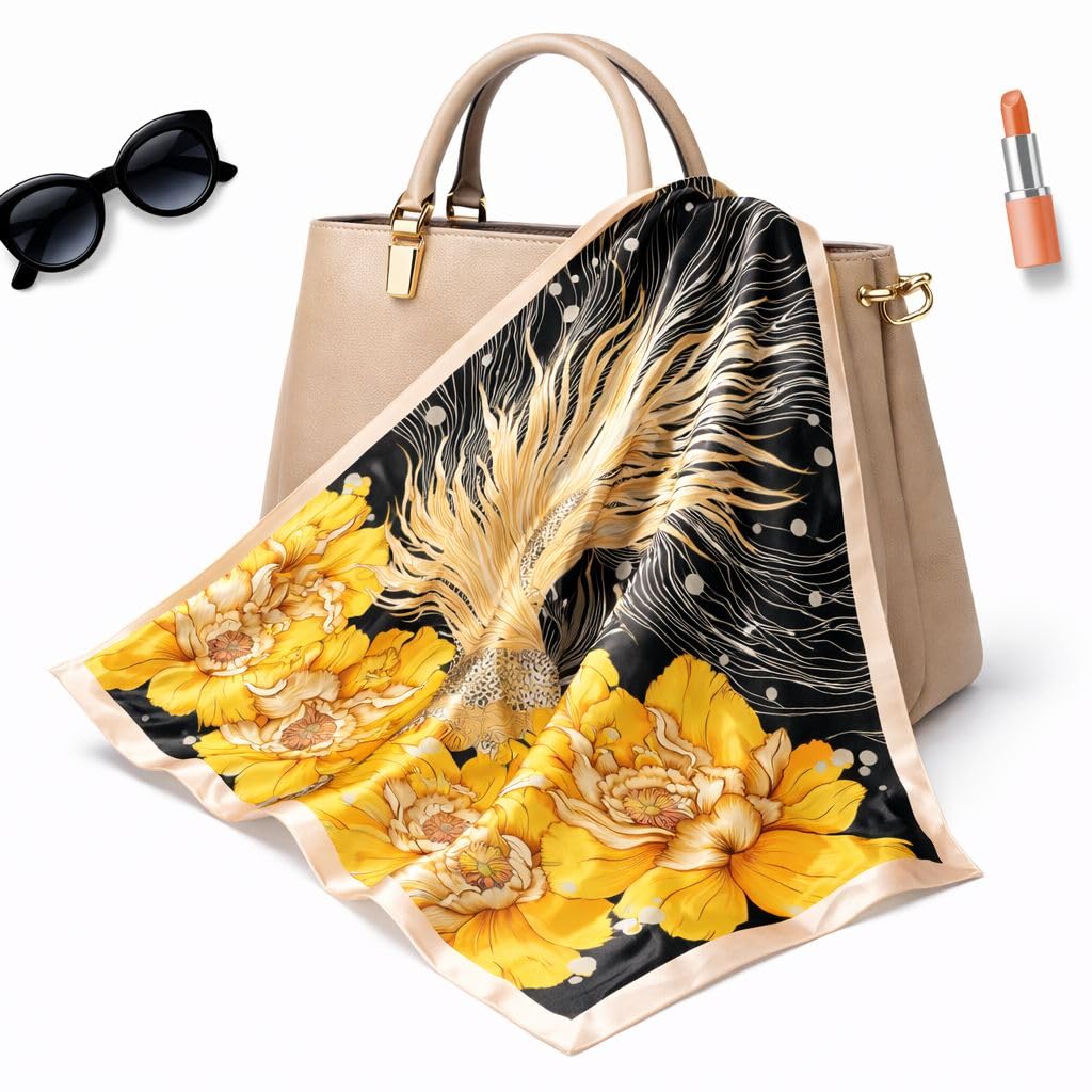 AMN Trendzz Satin Silk Scarf for Women, Stylish Satin Scarf 65×65 cm Square, Scarf for Women Elegant Head and Neck Accessory for Fashion, Travel and Gifting. (Golden Floral Abstract – Black & Yellow)
