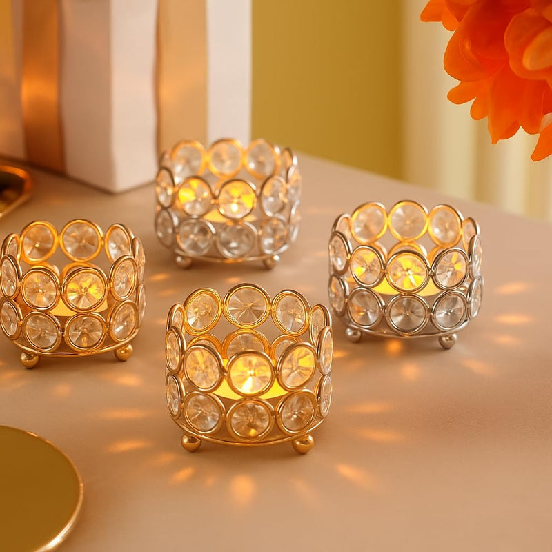 CentraLit Crystal Tealight Candle Holder for Home Decoration, Diya Diwali Decoration Items Small T Lites Christams Diya Votives -Return Gift for Wedding Table Decor (Gold (Pack of 4)