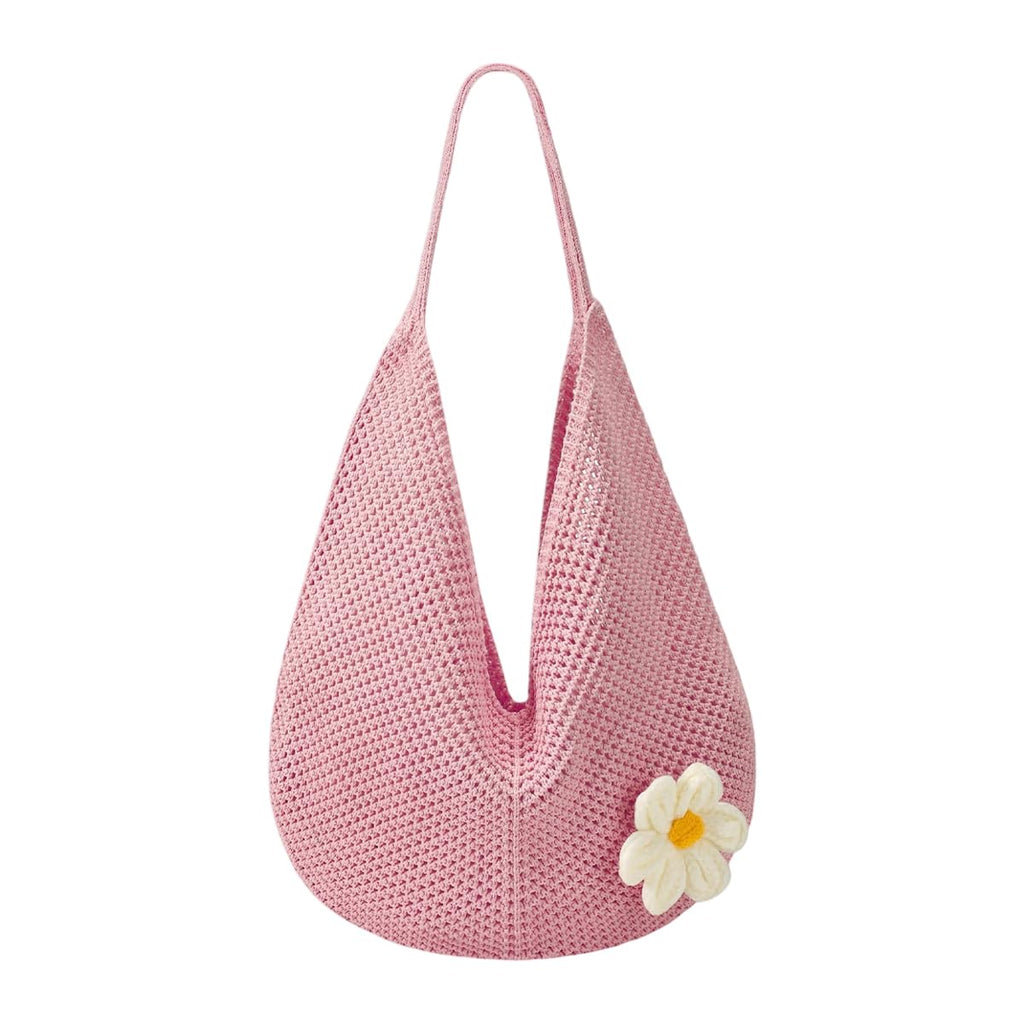PALAY® Crochet Bags for Women Stylish Pink Mesh Straw Tote Bag with Flower Brooch Summer Vacation Knitted Beach Handbag for Woman