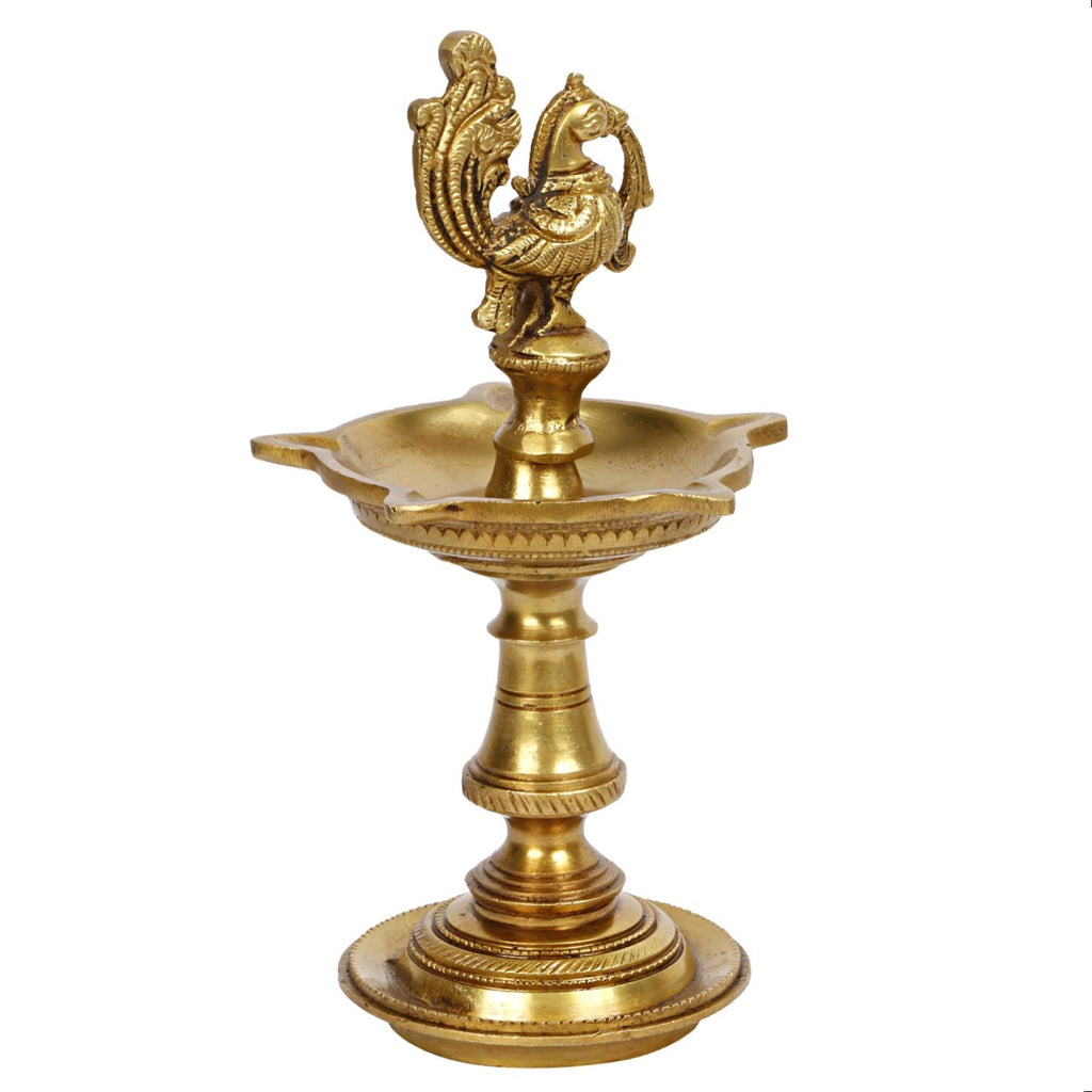 Artvarko Brass Bird Traditional Peacock 5 Wick Diya Oil Lamp Table Decor Diyas for Pooja Religious Diwali Gifts with Stand for Home Puja Temple Showpiece 8 Inch