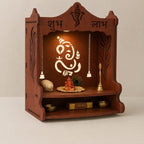 Wooden Pooja Mandir for Home, Pine Wood Temple, Decorative Hindu Mandir with Storage Shelf for Puja Room & Living Room Decor (32X26X20 Cms, Natural Wood Brown, Ganesha)
