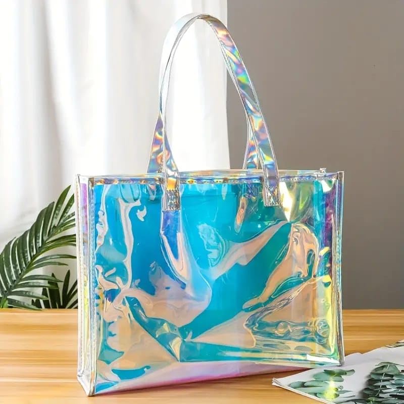 PROUDME Holographic Transparent Women's Tote Bag Iridescent Rainbow Shine, Durable PVC Material, Stylish Clear Handbag for Everyday Use, College, Beach, or Travel