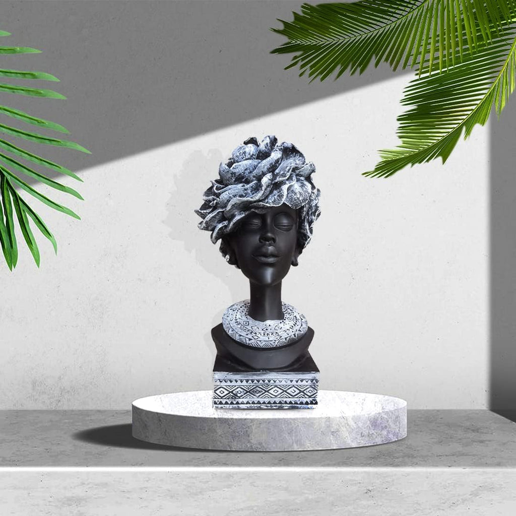 Xtore Home Decor Resin African Lady with White Earrings Showpiece (Black, Pack of 1)
