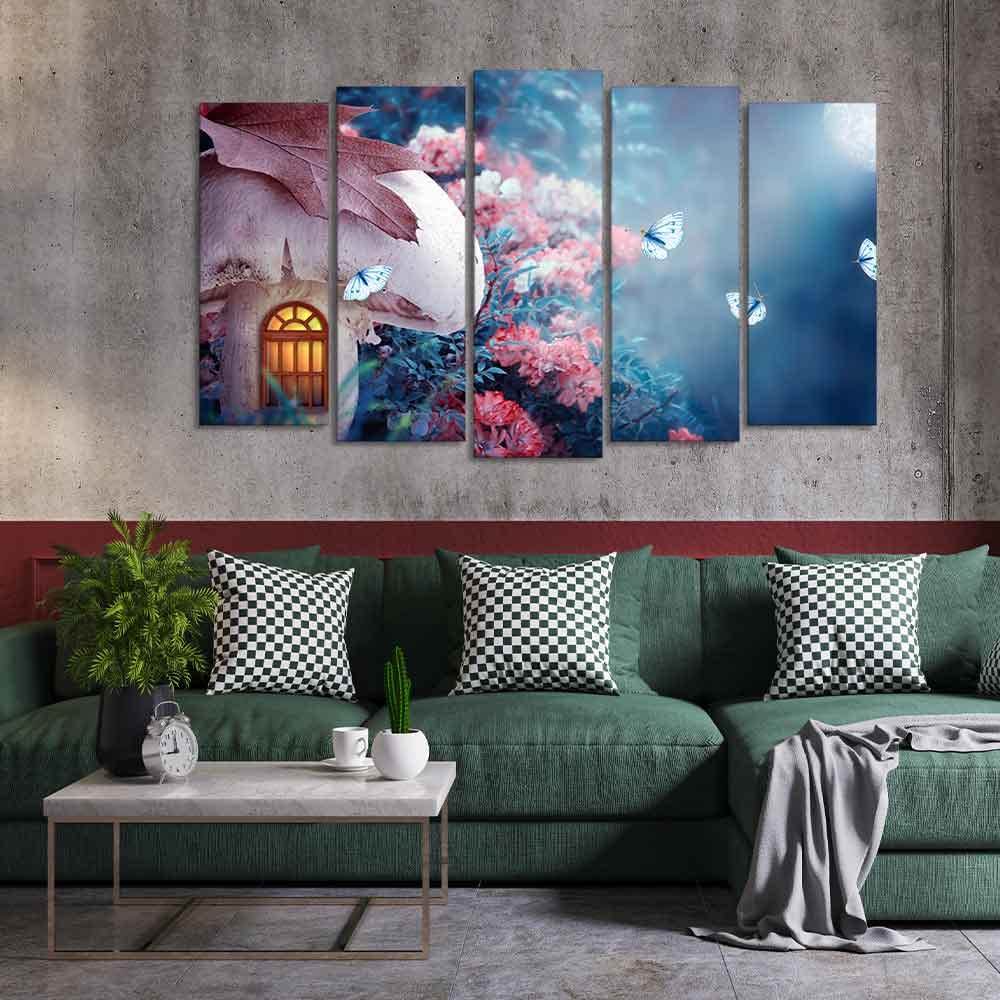 VIBECRAFTS Mushroom House in Enchanted Fairy Tale Forest Wall Painting of Five Pieces For Home|Office|Living Room|Gift (PTVC5Pcs2_6560)