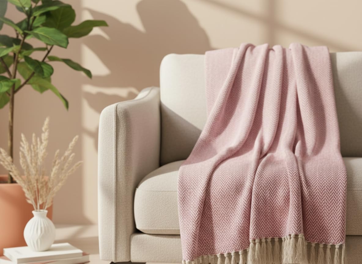 KNIT VIBES Cotton Weave Boho Sofa Throw Blanket 50x60 Inches or 125x150 cms Lightweight, Soft & Breathable Couch, Bed or Chair Throw Blanket for Living or Bedroom, Zigzag Coral Peach Kafalo