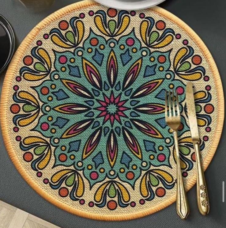 HomeCloud Round Printed Jute Placemat 20x20Cm | Heat-Resistant Table Mat with Anti-Skid Rubber Back | Decorative Dining, Centre & Coffee Table Mat (Multicolour, Pack of 4) Kafalo