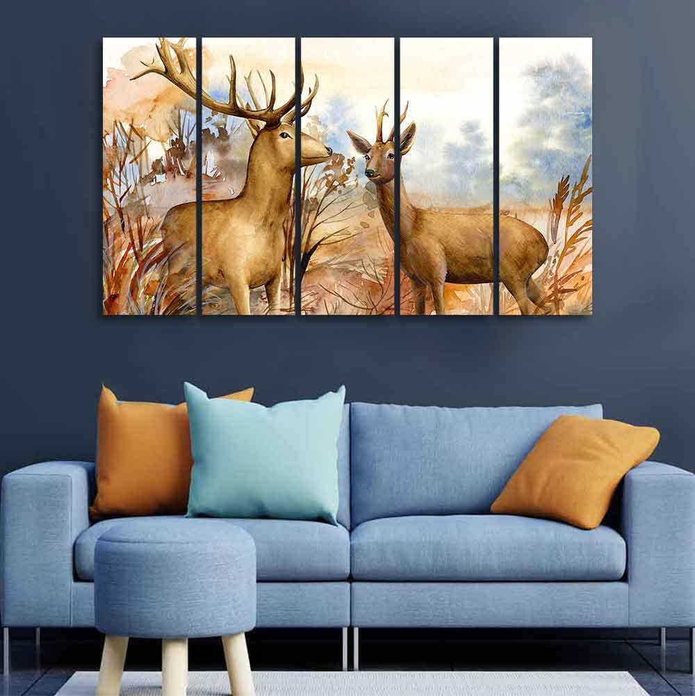 VIBECRAFTS Canvas Wall Painting Pair of Deer in the Forest Set of Five For Home|Office|Living Room|Gift (PTVC5Pcs4_8656)