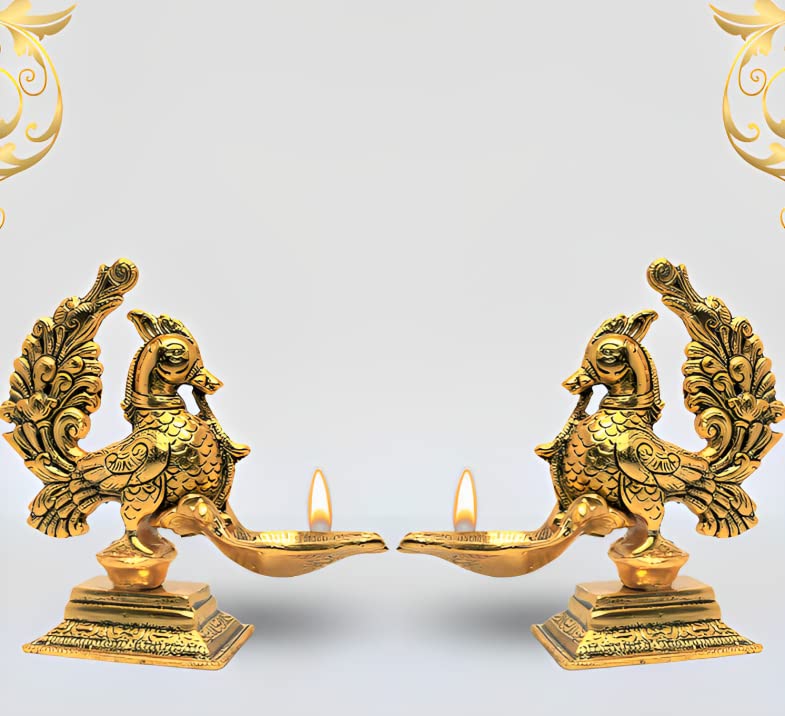 KridayKraft annapakshi deepam Set of 2 pca Metal Handmade with Curved Oil Lamp Antique Peacock Deepak for Home Decor Temple Puja Office Counter Diwali Decoration Festival Gift (Light)