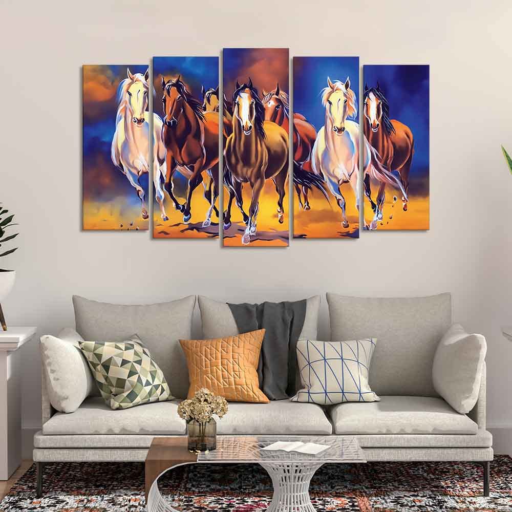 VIBECRAFTS Seven Horses Set of Five Pieces Premium Canvas Wall Painting For Home|Office|Living Room|Gift (PTVC5Pcs2_6544)