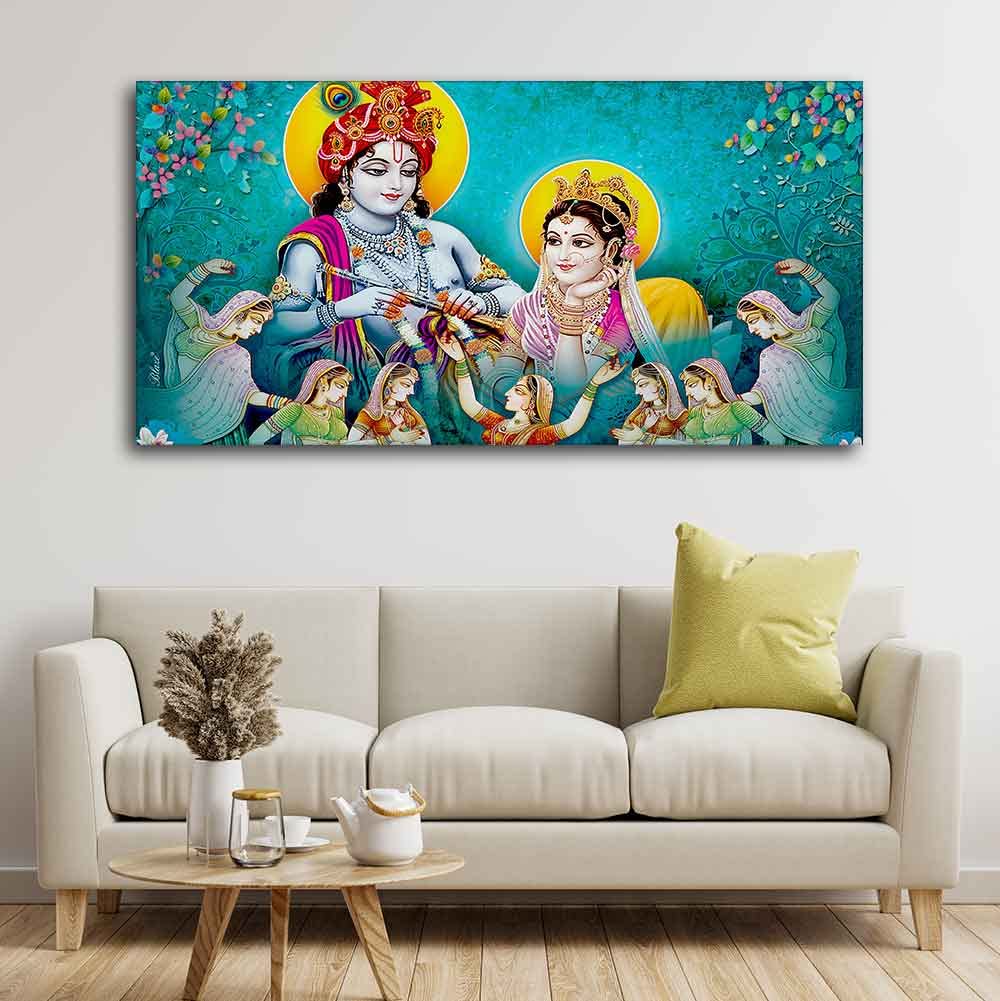 VIBECRAFTS Canvas Paintings for Living Room Drawing Room Beautiful Big Panoramic Radha Krishna Canvas Wall Painting Fitted with Wooden Frame for Home|Office|Gift(PTVCH_2258) (Multi 8)