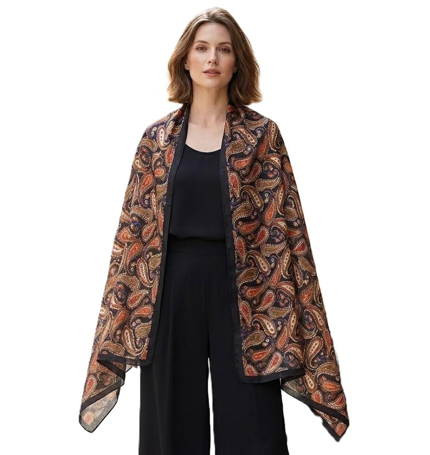 Alexvyan Satin Silk Summer Scarves 180 x 84 cm, Brown Paisley Theme with Stitched Border, Lightweight Fashion Scarf for Women Sun Protection Stole
