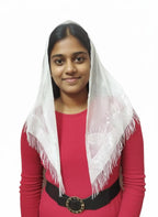 ELITE APRIL Triangle Church Prayer Veil, White, 48x34x25 Inches, Fringe Detail, Religious Head Scarf, Christian church scarf, Catholic mantilla for women.