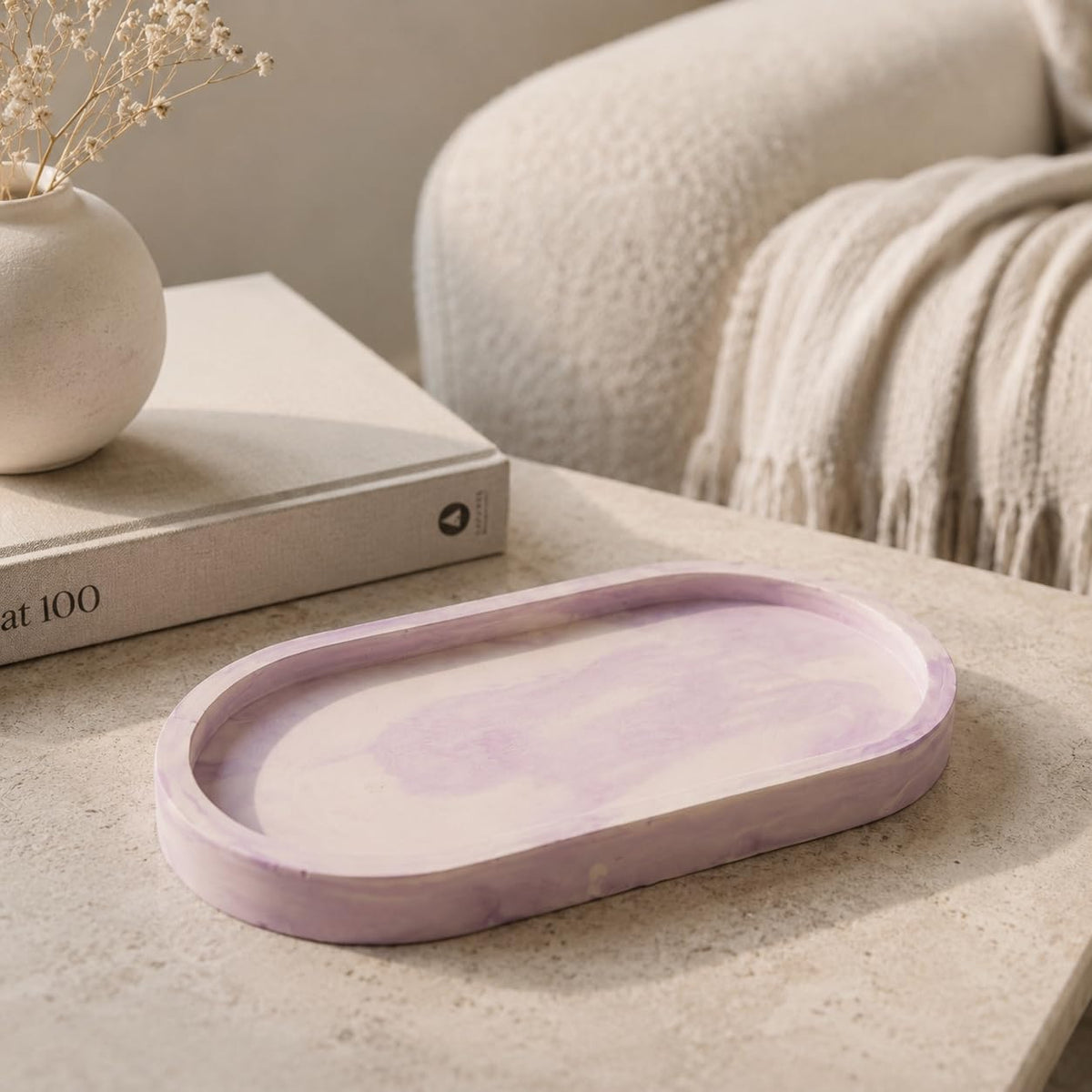 Jesmonite Oval Vanity Tray for Bathroom & Kitchen Sink | Decorative Floral Coaster Tray for Soap Dispenser, Candles, Jewelry & Accessories | Minimal Home Decor Organizer (Lilac Dream)