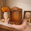 TRAVELLING SANKIRTAN PARTY Handcrafted Small Wooden Temple for Home Puja | Compact Mandir with Om Symbol & Intricate Carvings