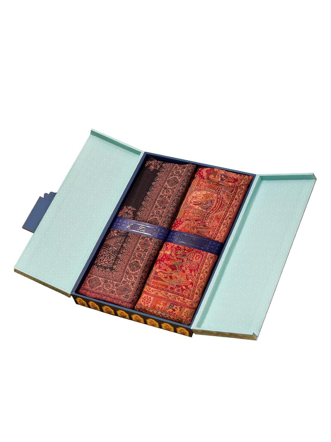 Pashmoda His and Her Gift Set of Jamavar Shawls With Wooden Gift Box