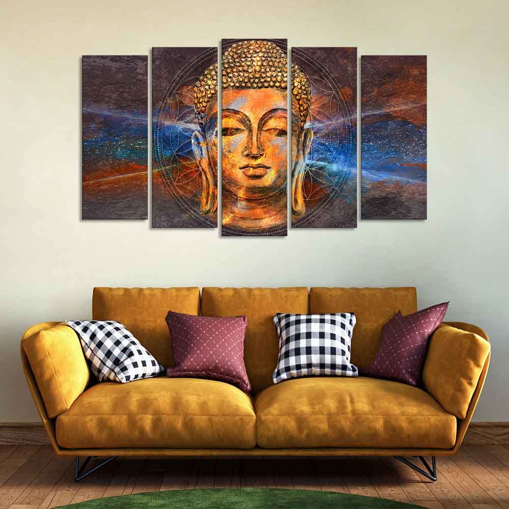VIBECRAFTS Gautam Buddha Head Canvas Wall Painting Set of Five For Home|Office|Living Room|Gift (PTVC5Pcs2_6529)