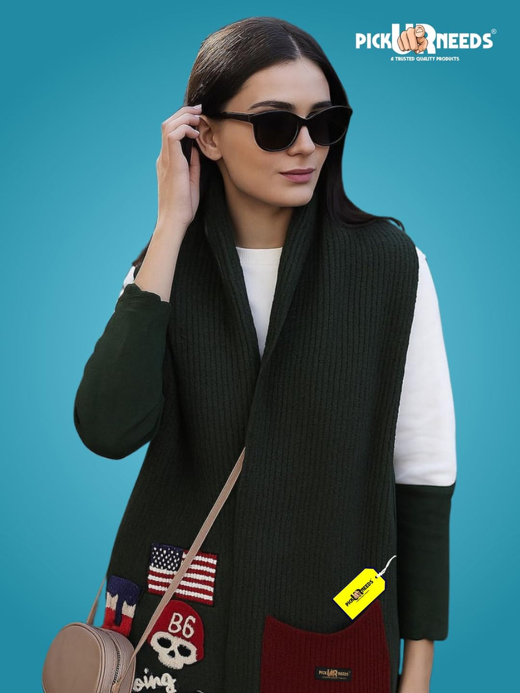 Pick Ur Needs Women Winter Woolen Muffler with Trendy Patch Design Soft Warm Knitted Scarf for Girls & Ladies Stylish Casual Mufflers (Green)
