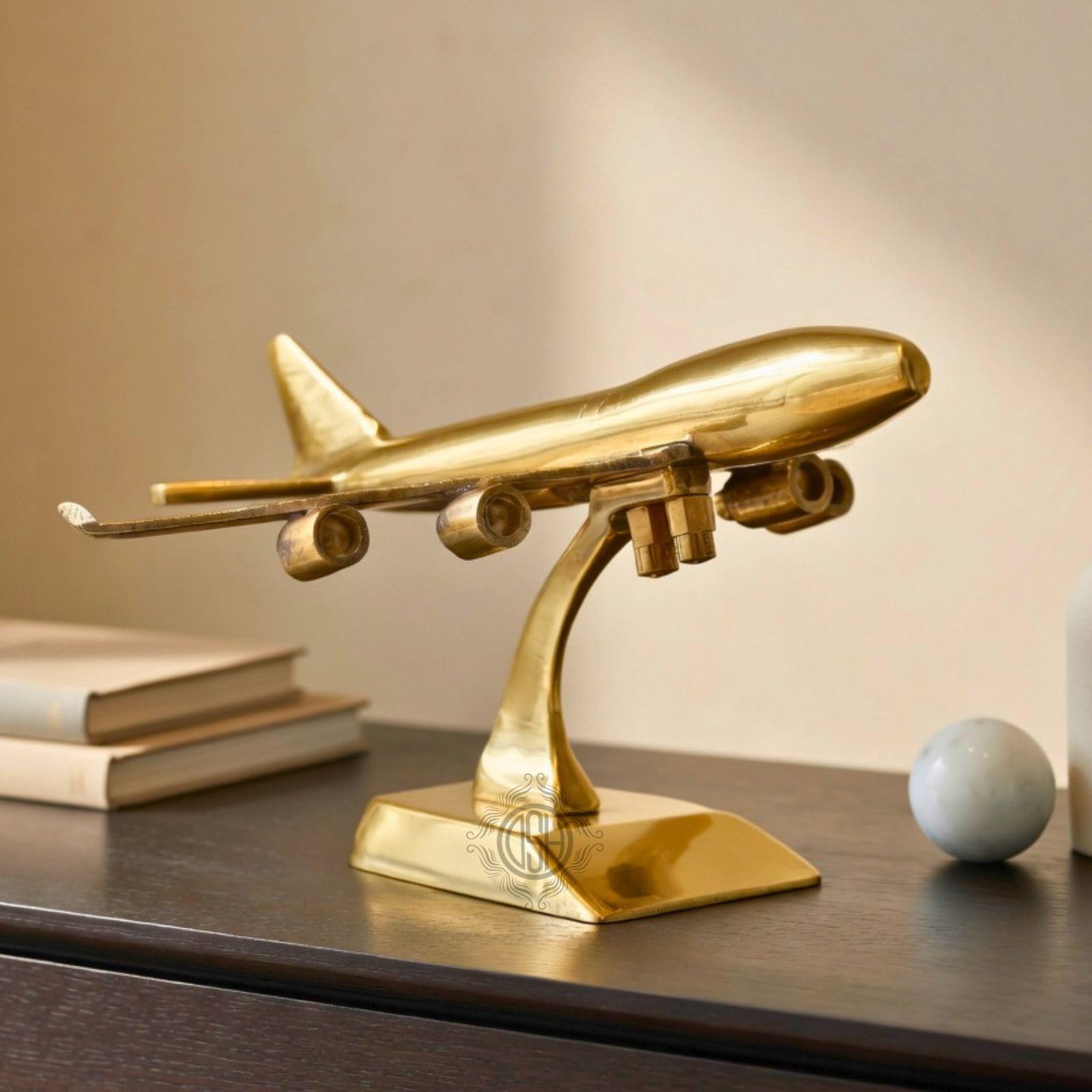 DSH Brass Jet Plane On Stand Table Top Decorative Showpiece for Home Decor & Office Table and Gifting. (Gold)