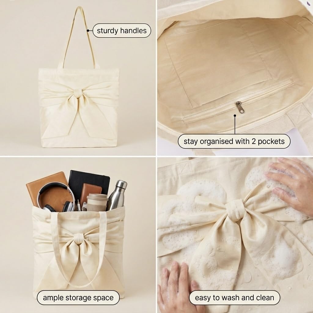 MASQ Cute Genes Foldable Reusable Tote Bag for Women with Zip & dual inner Pockets | College Bag for Girls | The Big Bow Design Tote for College, Shopping, Travel & Beach | Multi-Purpose Sturdy Bag
