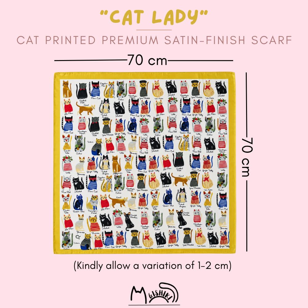 GISHIKI Cat Print Scarf | Hand-drawn Cat Illustrations | Lightweight Satin touch | One Size
