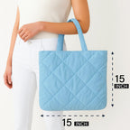 Mahaveer Cotton Quilted Waterproof Tote Bag | 15x15 Inch Large Shopping & Grocery Tote | Open-Top Classic Carry Bag for Daily Use | Multi-Purpose Reusable Handbag for Women, Light Blue