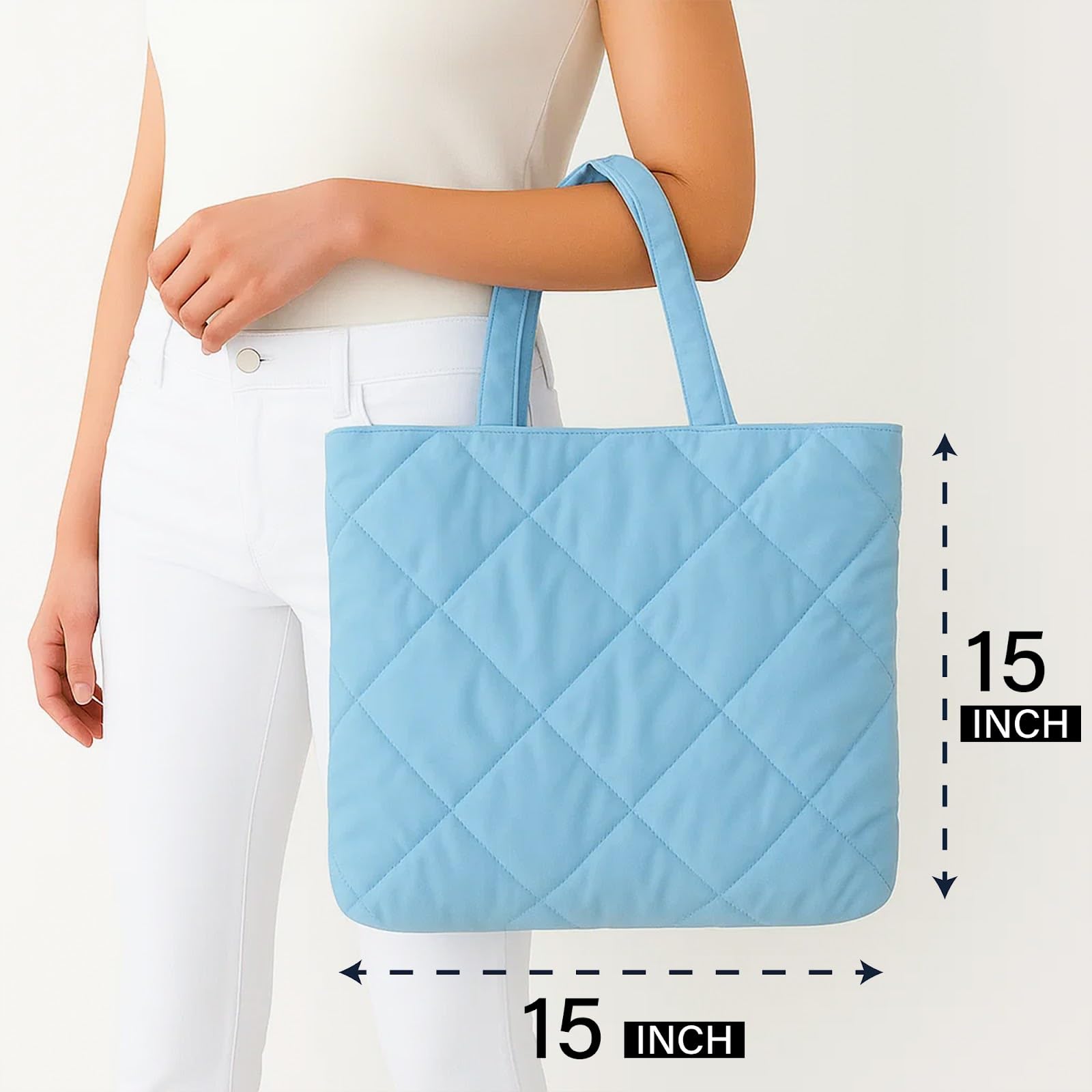 Mahaveer Cotton Quilted Waterproof Tote Bag | 15x15 Inch Large Shopping & Grocery Tote | Open-Top Classic Carry Bag for Daily Use | Multi-Purpose Reusable Handbag for Women, Light Blue