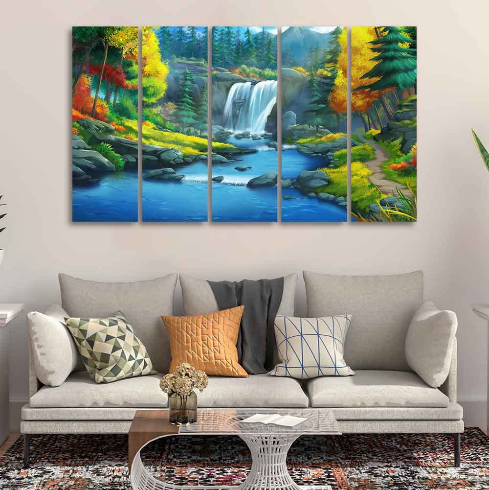 VIBECRAFTS Beautiful Scenery of Waterfall in Forest Canvas Wall Painting Set of Five For Home|Office|Living Room|Gift (PTVC5Pcs4_8662)