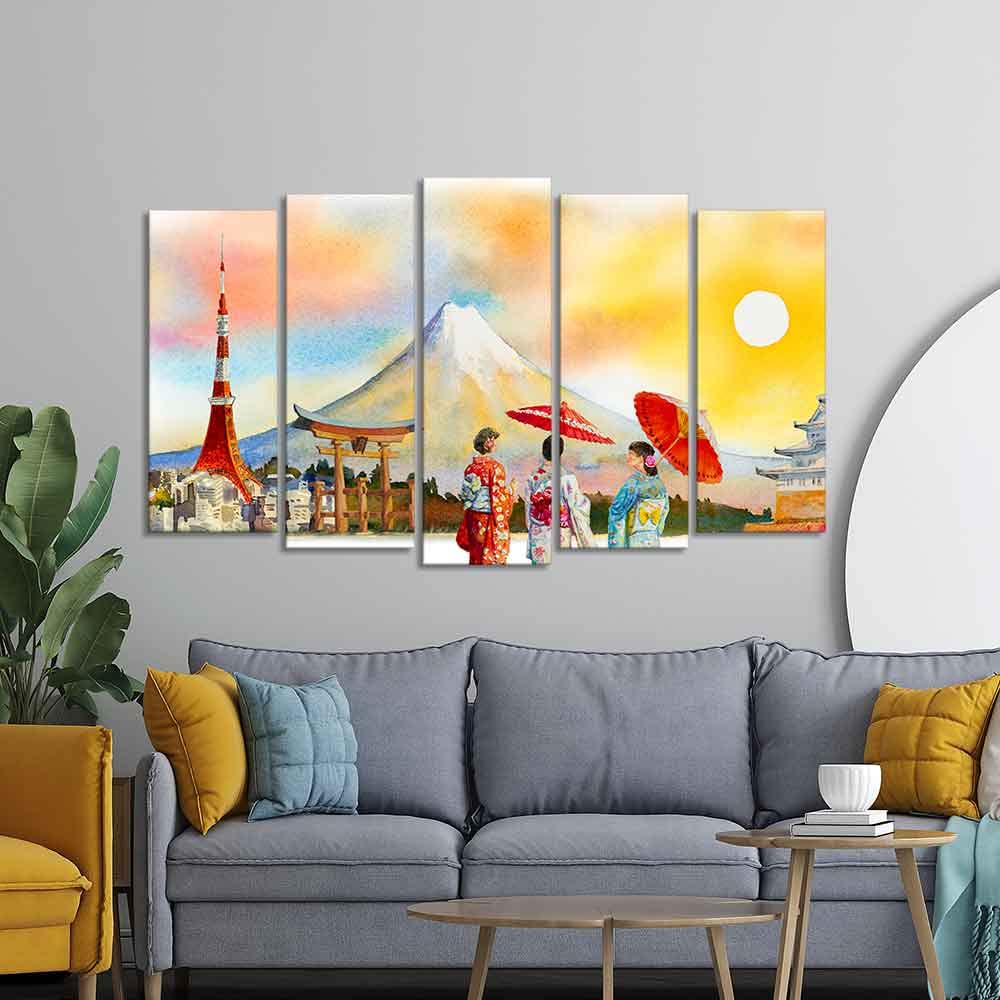 VIBECRAFTS Famous Places of Japan Canvas Wall Painting Set of Five For Home|Office|Living Room|Gift (PTVC5Pcs2_6547)