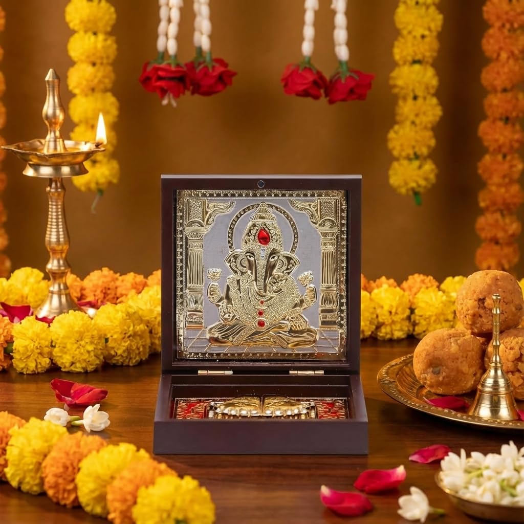 House Of Wemy Gold Plated Lord Ganesh ji Pocket Temple for Pooja Room | Sri Ganesha Divine Pooja Boxes with Photo Frame & Charan Paduka | Diwali Gifting & Home Decor - (Medium) 4.5 Inch - Pack of 1