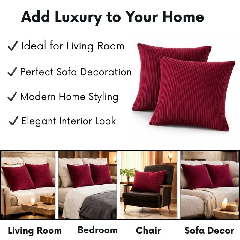 RD TREND® Cushion Cover Set of 2, Decorative Sofa Living Room Home Square Cushion Covers 18 Inch x 18 Inch, Aesthetic Corduroy Striped Double Sided (Marron)