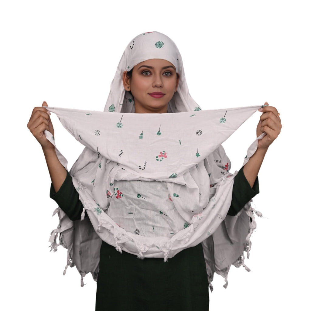 HYLOL Cotton Female Pure White Innovative Stylish Candy Printed Pattern Fancy Scarf With Sun Protection Cover Face Mask For Women's And Girls