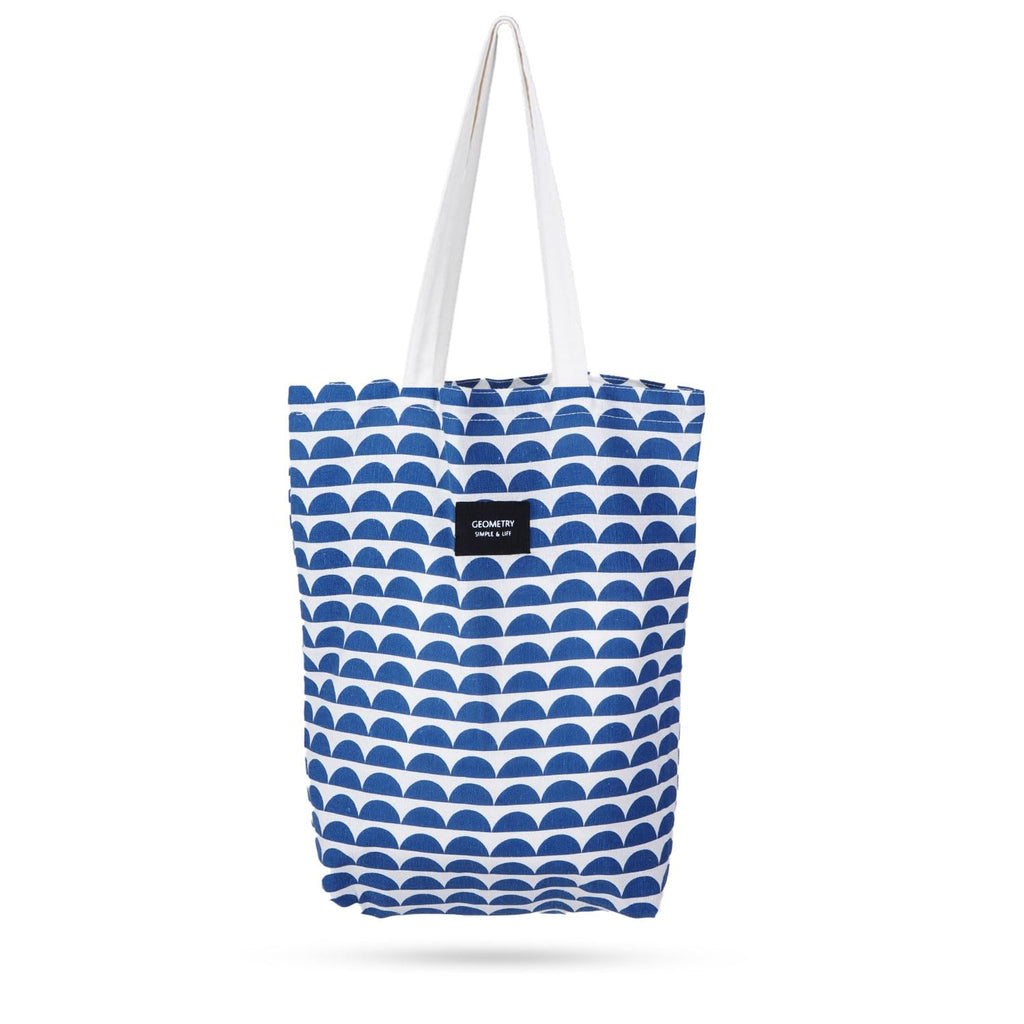 Blissowl Cotton Canvas Tote Bag with Zipper, Large Capacity Shopping Bags, Reusable Printed Bags for Grocery, Shopping, Work & Beach - White and Blue (16.5 x 14.5Inch)
