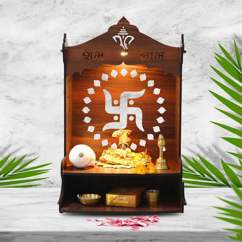Wooden Pooja Mandir for Home, Pine Wood Temple, Decorative Hindu Mandir with Storage Shelf for Puja Room & Living Room Decor