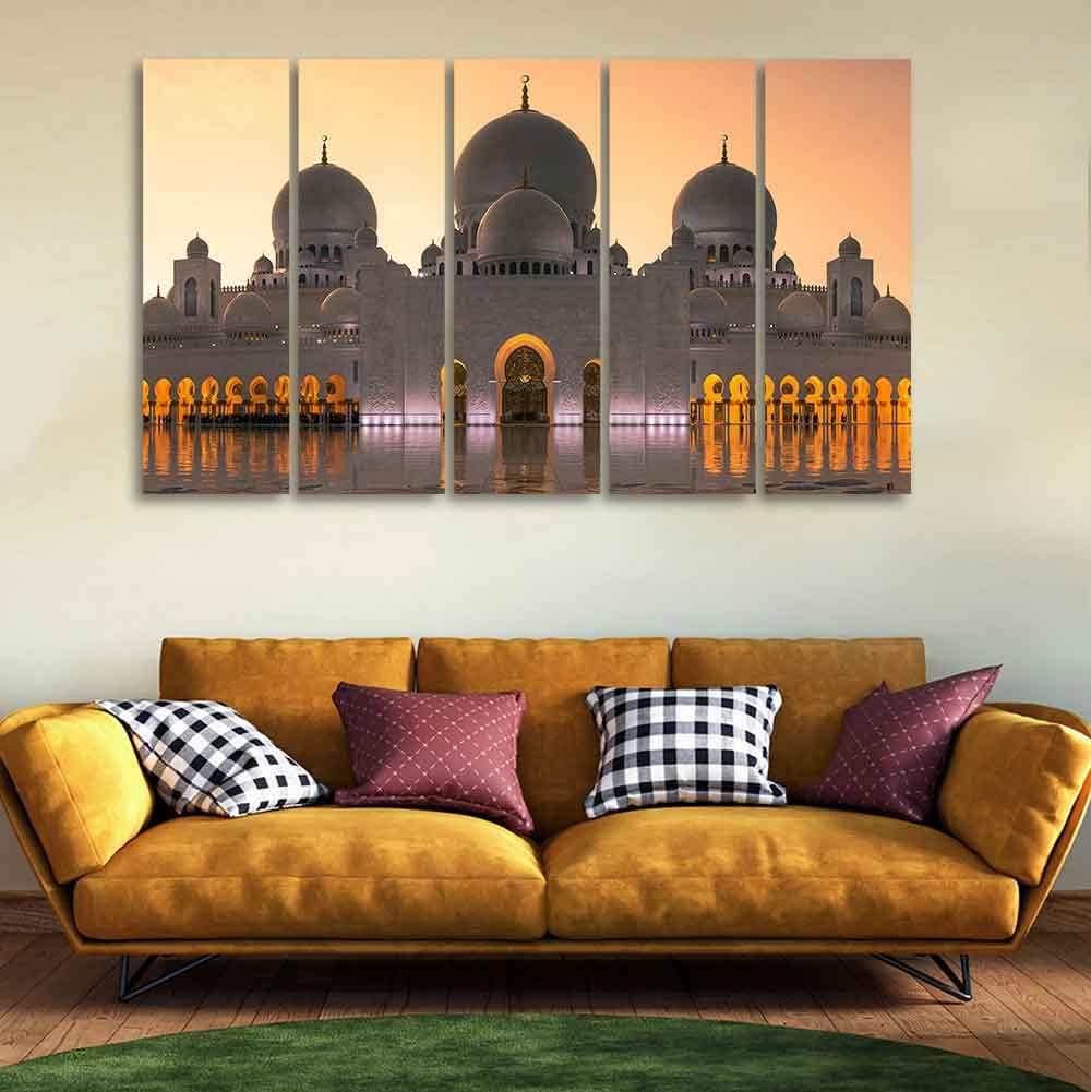 VIBECRAFTS Islamic Canvas Wall Painting of Sheikh Zayed Grand Mosque 5 Panels For Home|Office|Living Room|Gift (PTVC5Pcs4_8568)