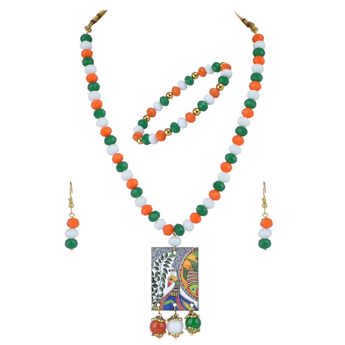 JFL - Jewellery for Less Traditional Tri Color Necklace set with Peacock Pendant & Bracelet Handmade Fashion Jewellery for Independence Day/Republic Day Women & Girls