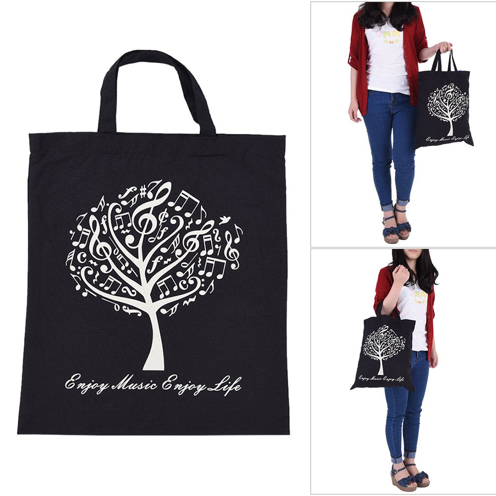 Decdeal Musical Tree Pattern Washable Cotton Cloth Handbag Music Tote Shoulder Grocery Shopping Bag for Students Girls