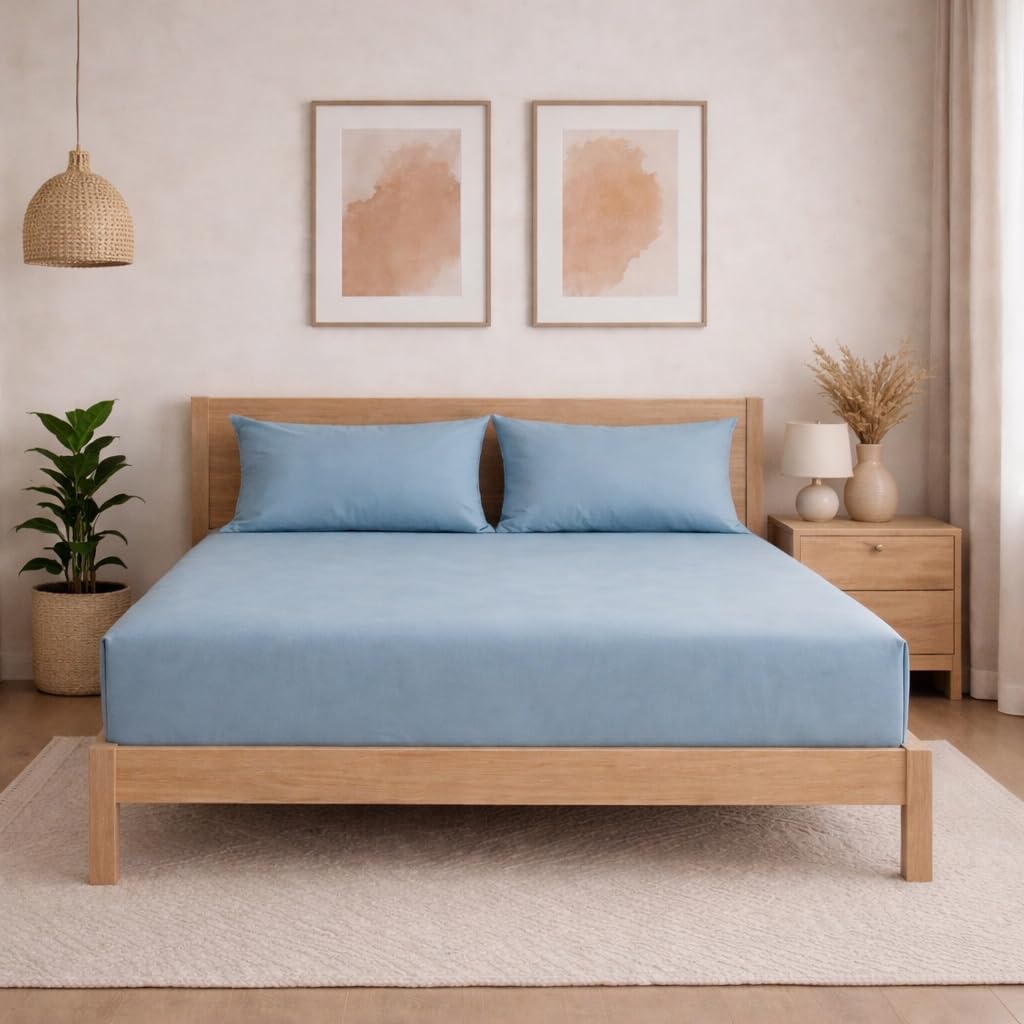 THE HOME STYLE Solid Cotton Feel Pillow Covers (18 x 28 inches, Set of 2 Pcs) | 300 TC | Super Soft & Smooth (Denim)