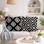 STITCHNEST Set of 2 Polycotton Cushion Covers – 24x24 Inches – Black & White Ikat Geometric Print – Elegant Cushion Covers for Sofa & Living Room | Perfect for Home Decor