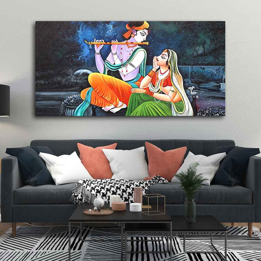 VIBECRAFTS Canvas Paintings for Living Room Drawing Beautiful Radha Krishna in Dark Forest Big Wall Painting Art Fitted with Wooden Frame Home | Office | Gift (PTVCH_2251)